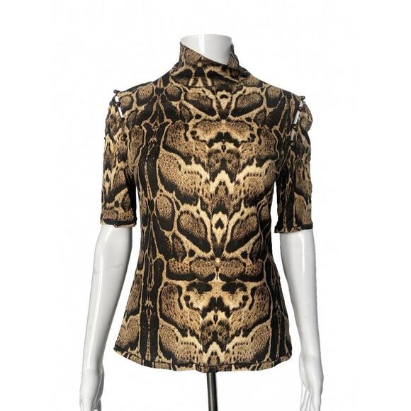 Vintage 2003 Roberto Cavalli M Short Sleeve Turtleneck Animal Print Top Brown - Picture 2 of 9